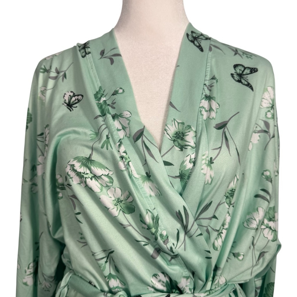 Size XL Women’s Light Green Floral Butterfly V-Neck Long Sleeve Tie Waist Robe - Picture 3 of 6